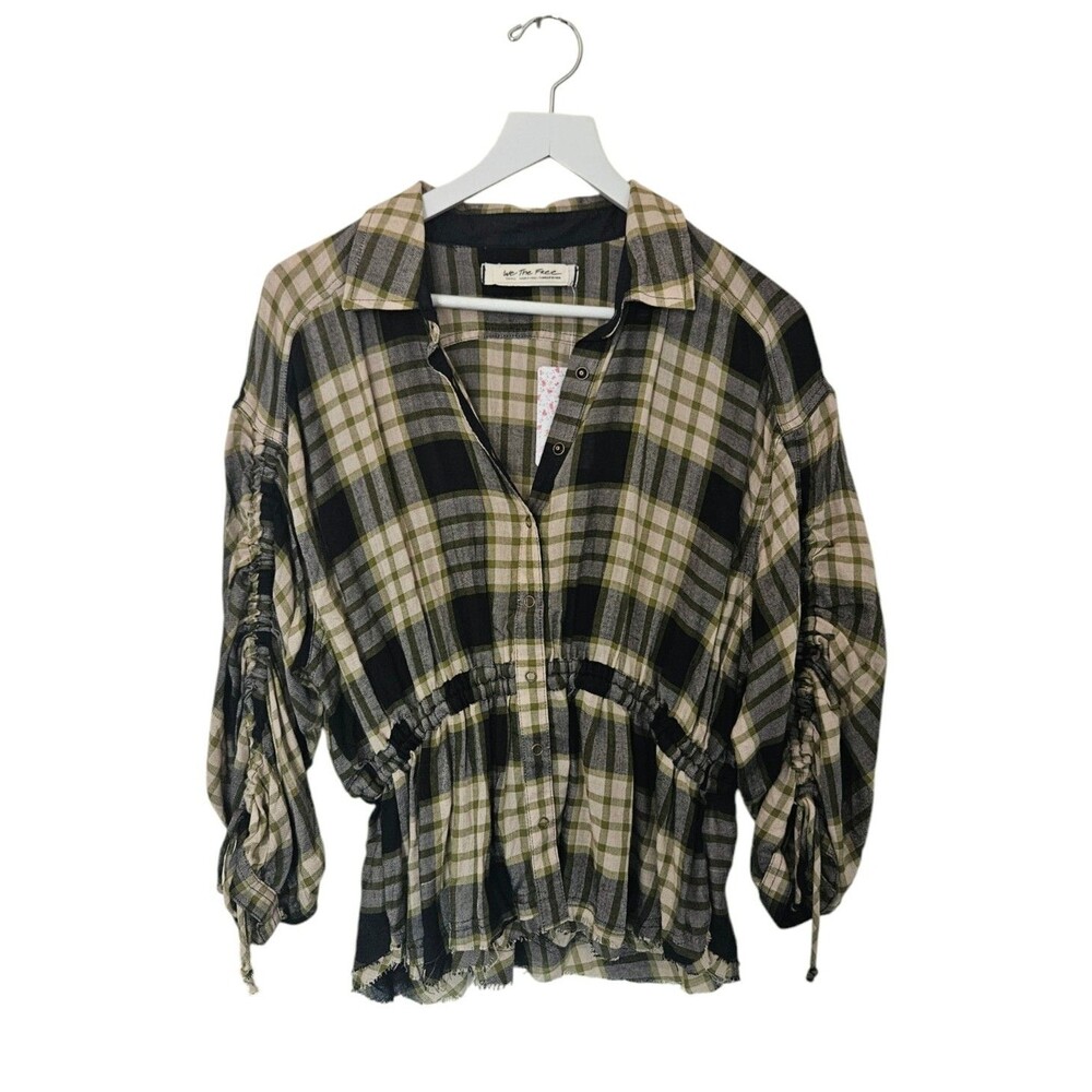 New Free People Plaid Shirt Black Yellow-Green Combo Size Small $118